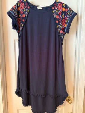 Umgee Navy linen blend dress with Bright Floral Embroidered Cap Sleeves.